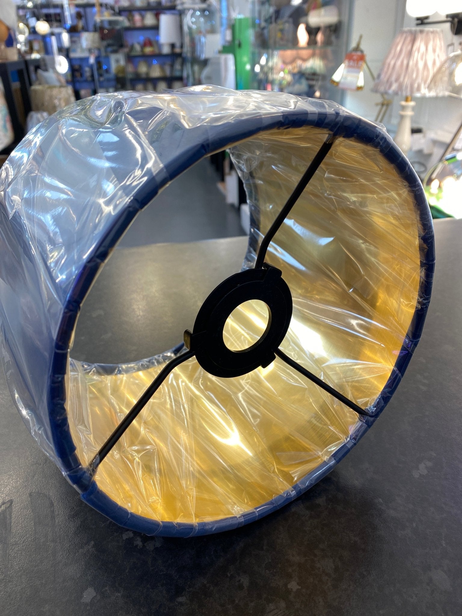 Oaks Lighting - STOCK CLEARANCE - Blue Velvet Drum Shade with gold inner 20cm - Luminosity Designs Ltd