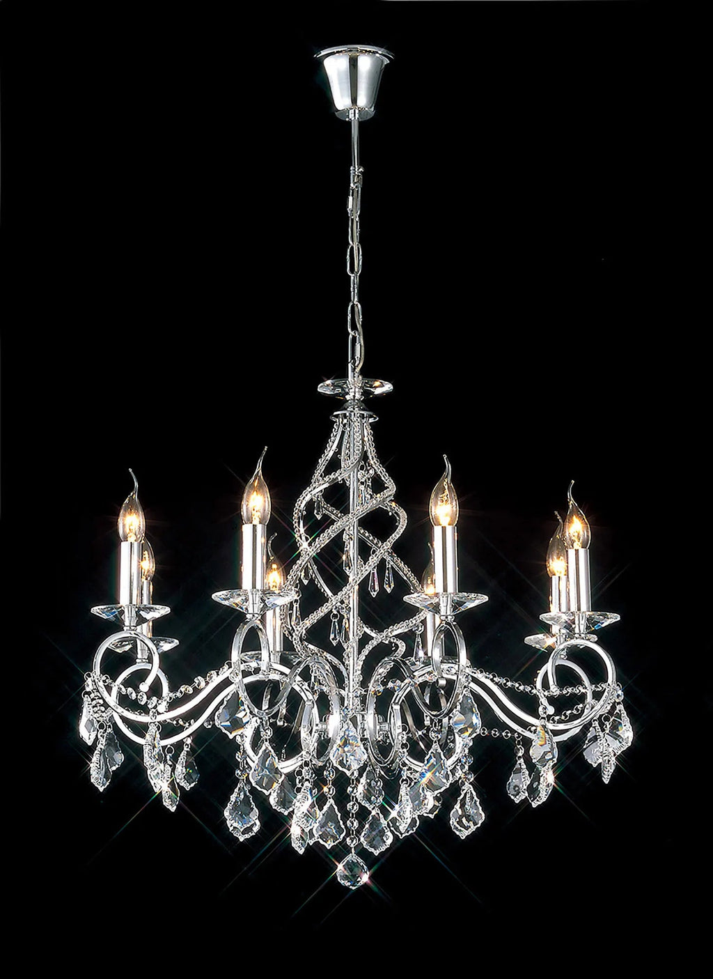 Diyas - Torino Pendant 8 Light E14 Spiral Crystal Chandelier with Decorated Arms - Luminosity Designs Ltd