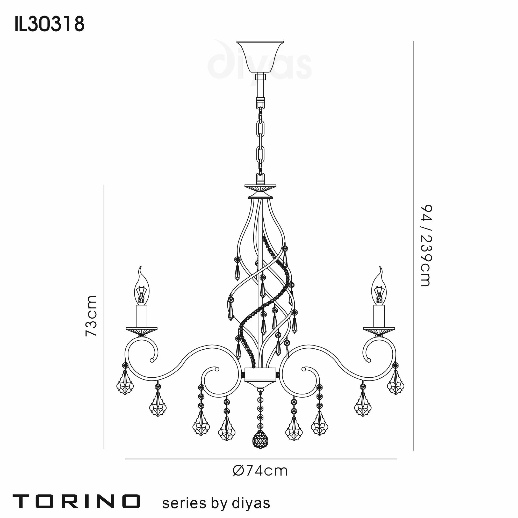 Diyas - Torino Pendant 8 Light E14 Spiral Crystal Chandelier with Decorated Arms - Luminosity Designs Ltd
