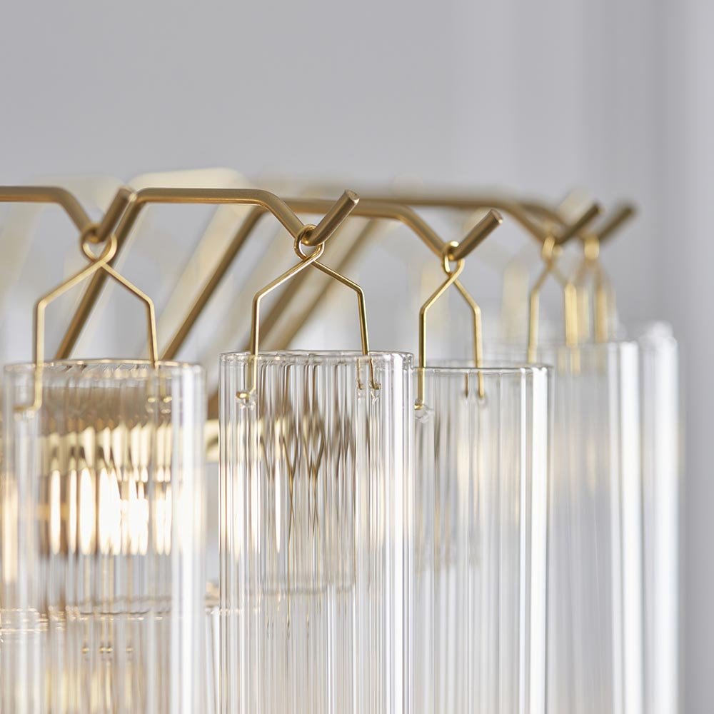 Endon - Toulouse 12lt Tiered Tubular Glass Chandelier with Ribbed Angled Clear Cylindrical Glass. - Luminosity Designs Ltd