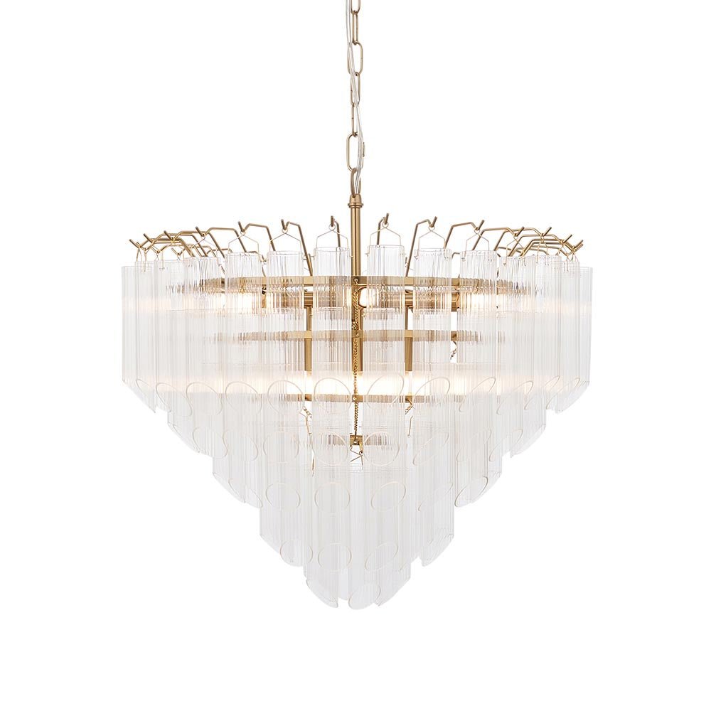 Endon - Toulouse 12lt Tiered Tubular Glass Chandelier with Ribbed Angled Clear Cylindrical Glass. - Luminosity Designs Ltd