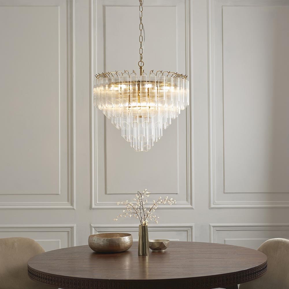 Endon - Toulouse 12lt Tiered Tubular Glass Chandelier with Ribbed Angled Clear Cylindrical Glass. - Luminosity Designs Ltd