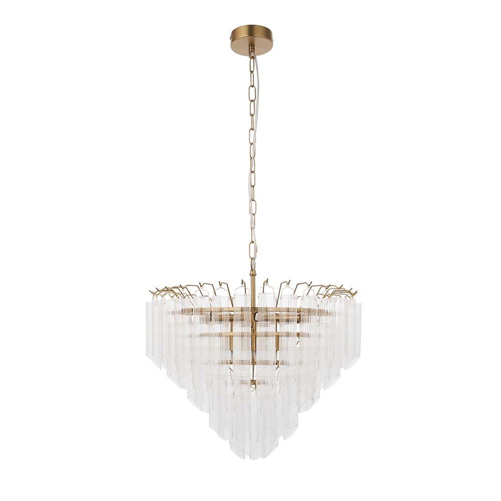 Endon - Toulouse 12lt Tiered Tubular Glass Chandelier with Ribbed Angled Clear Cylindrical Glass. - Luminosity Designs Ltd