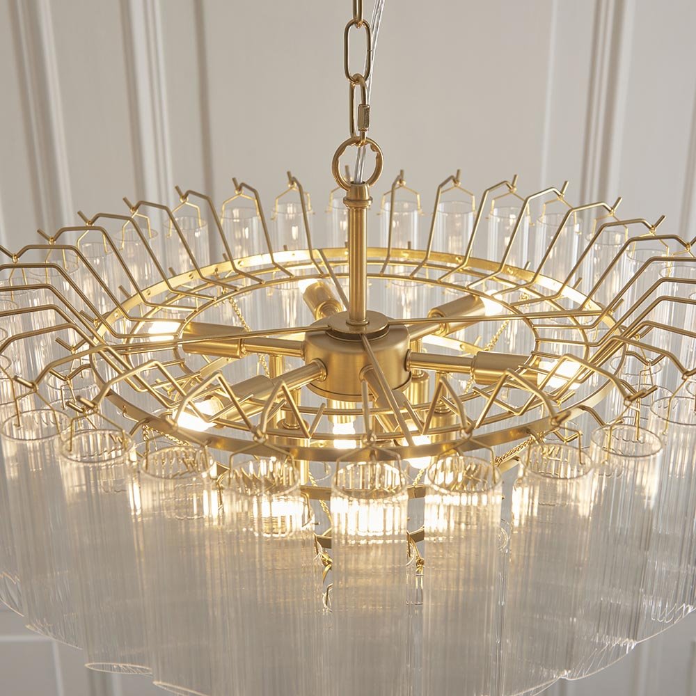 Endon - Toulouse 12lt Tiered Tubular Glass Chandelier with Ribbed Angled Clear Cylindrical Glass. - Luminosity Designs Ltd