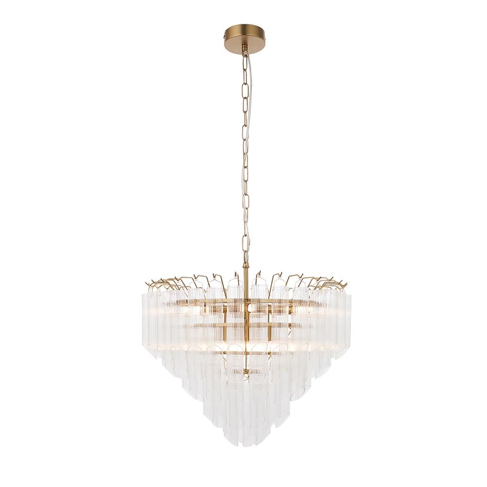 Endon - Toulouse 12lt Tiered Tubular Glass Chandelier with Ribbed Angled Clear Cylindrical Glass. - Luminosity Designs Ltd