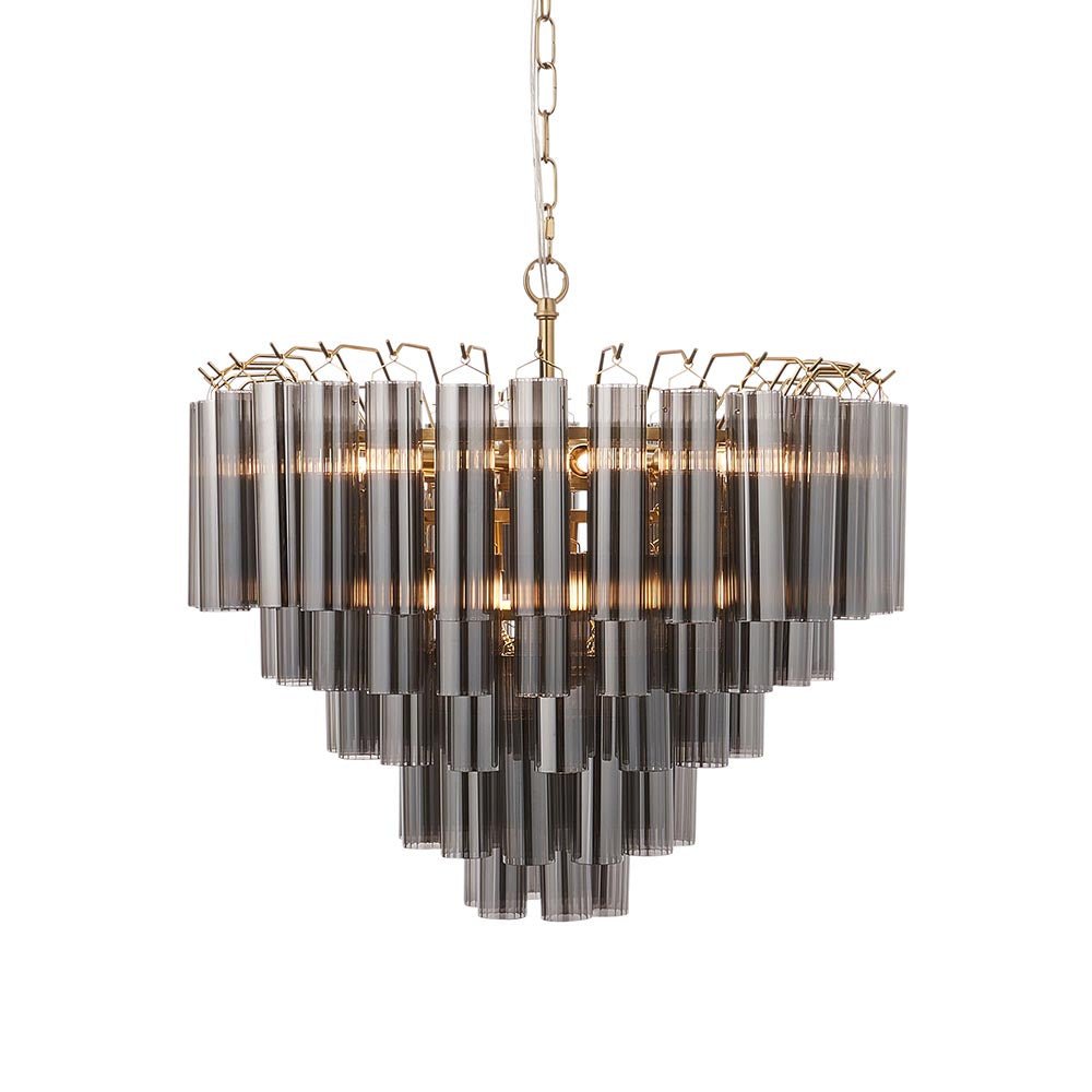 Endon - Toulouse 12lt Tiered Tubular Glass Chandelier with Ribbed Straight Clear Cylindrical Glass. - Luminosity Designs Ltd