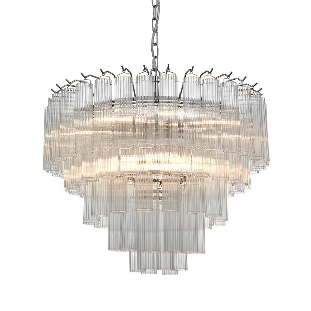 Endon - Toulouse 12lt Tiered Tubular Glass Chandelier with Ribbed Straight Clear Cylindrical Glass. - Luminosity Designs Ltd