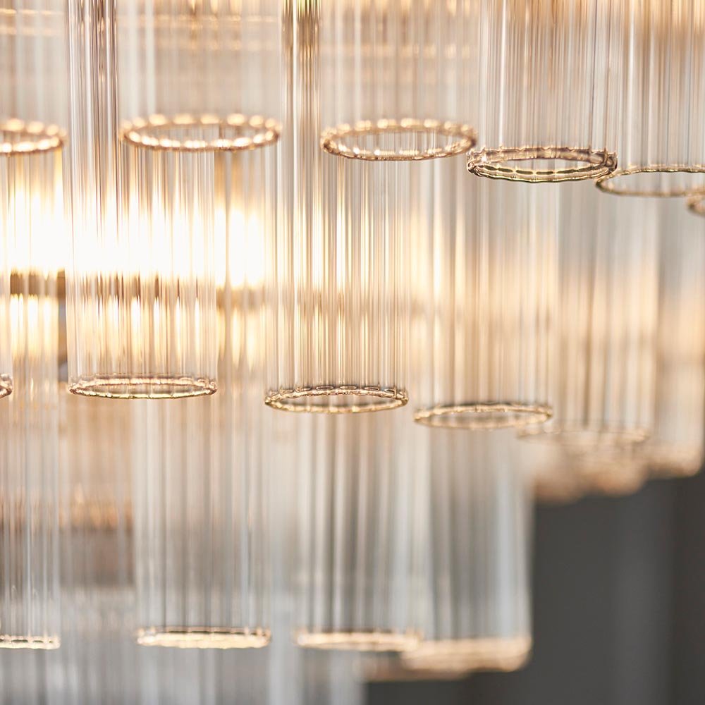Endon - Toulouse 12lt Tiered Tubular Glass Chandelier with Ribbed Straight Clear Cylindrical Glass. - Luminosity Designs Ltd
