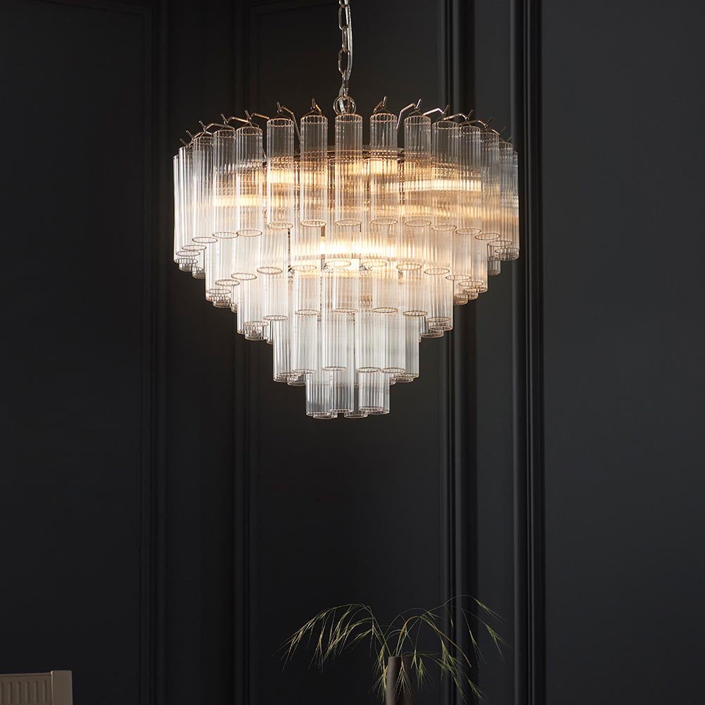 Endon - Toulouse 12lt Tiered Tubular Glass Chandelier with Ribbed Straight Clear Cylindrical Glass. - Luminosity Designs Ltd