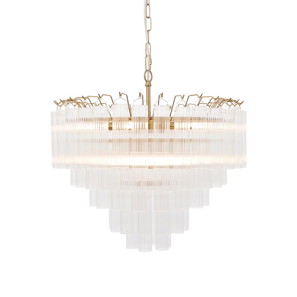 Endon - Toulouse 12lt Tiered Tubular Glass Chandelier with Ribbed Straight Clear Cylindrical Glass. - Luminosity Designs Ltd