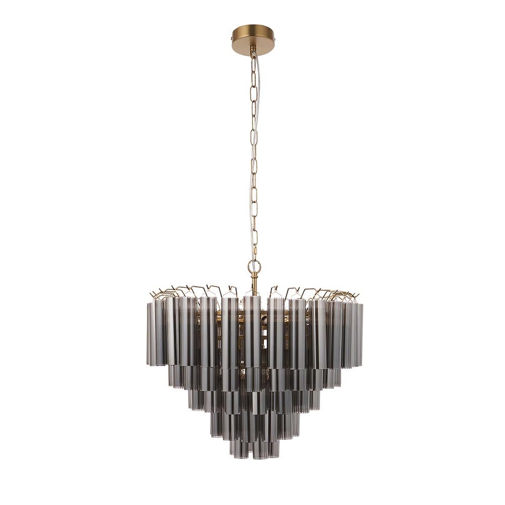 Endon - Toulouse 12lt Tiered Tubular Glass Chandelier with Ribbed Straight Clear Cylindrical Glass. - Luminosity Designs Ltd