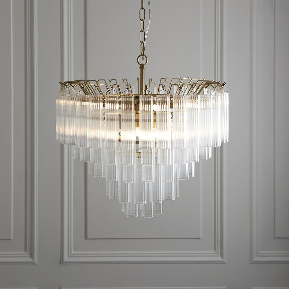 Endon - Toulouse 12lt Tiered Tubular Glass Chandelier with Ribbed Straight Clear Cylindrical Glass. - Luminosity Designs Ltd