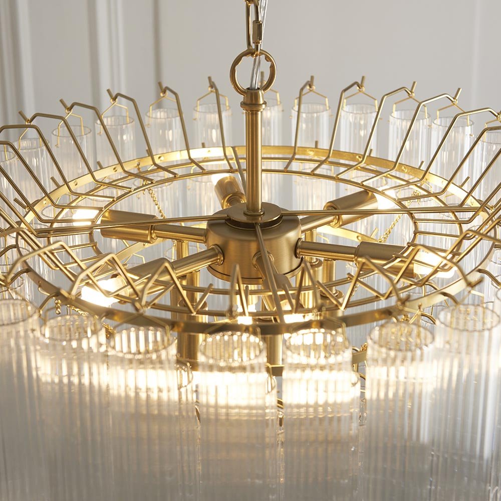 Endon - Toulouse 12lt Tiered Tubular Glass Chandelier with Ribbed Straight Clear Cylindrical Glass. - Luminosity Designs Ltd