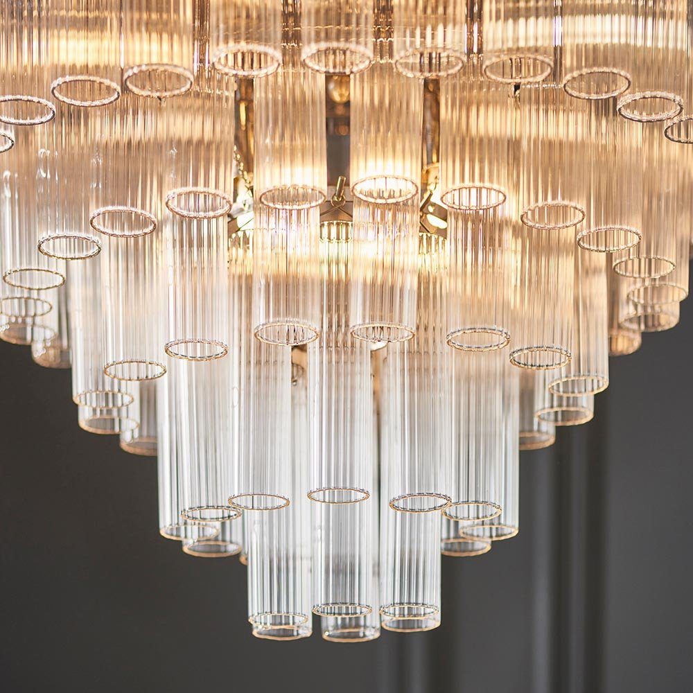 Endon - Toulouse 12lt Tiered Tubular Glass Chandelier with Ribbed Straight Clear Cylindrical Glass. - Luminosity Designs Ltd