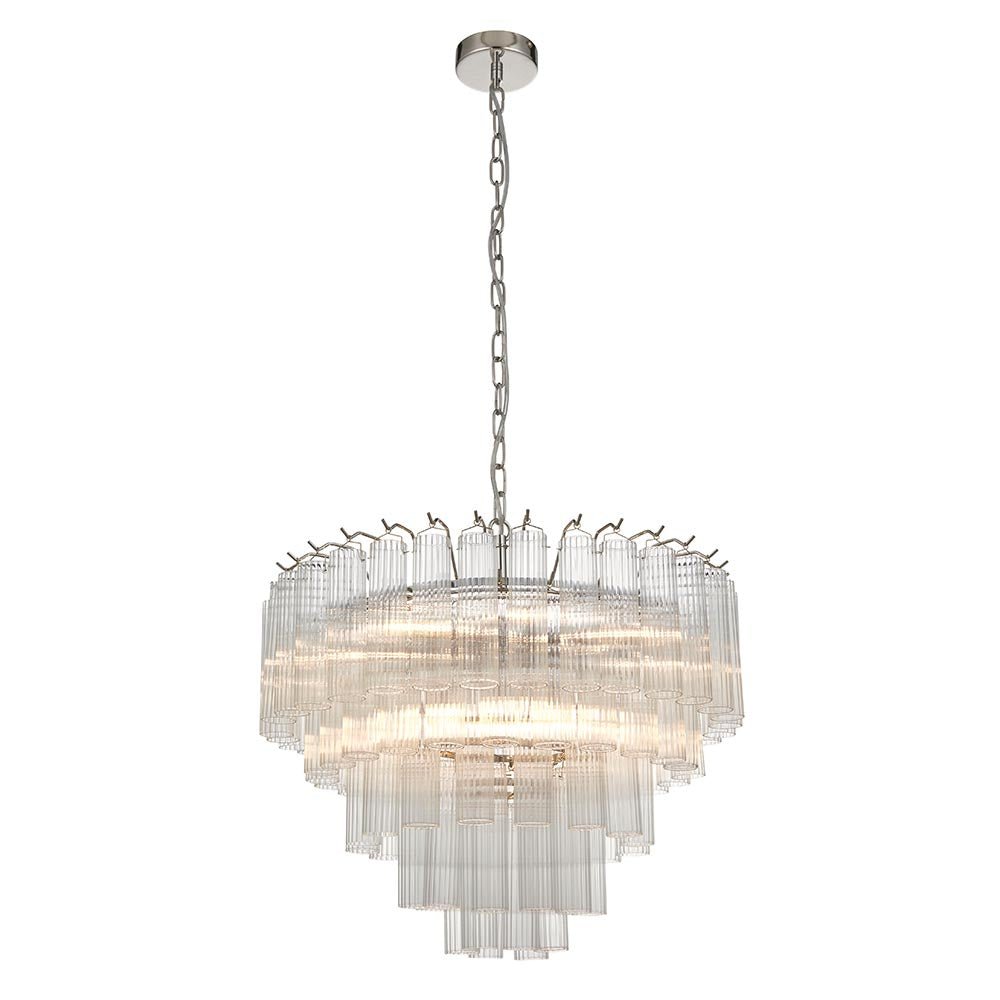 Endon - Toulouse 12lt Tiered Tubular Glass Chandelier with Ribbed Straight Clear Cylindrical Glass. - Luminosity Designs Ltd