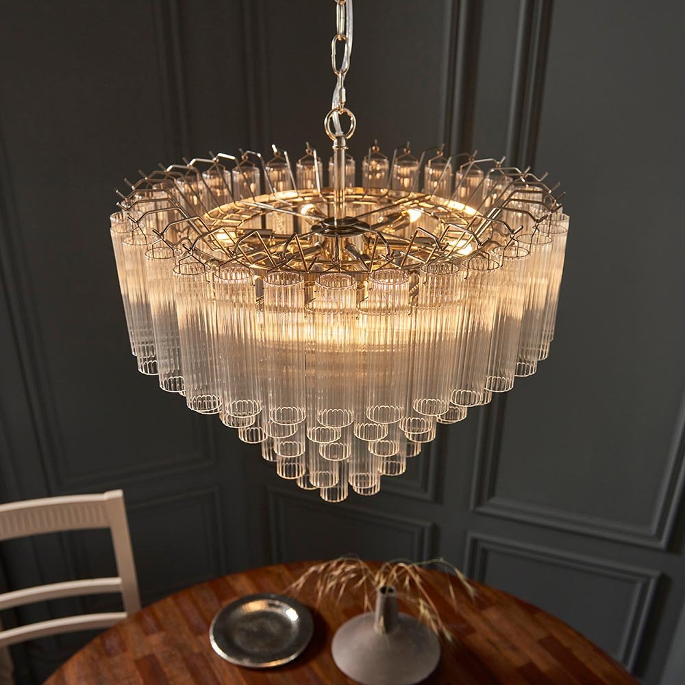 Endon - Toulouse 12lt Tiered Tubular Glass Chandelier with Ribbed Straight Clear Cylindrical Glass. - Luminosity Designs Ltd