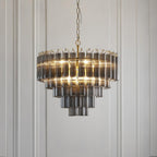 Endon - Toulouse 12lt Tiered Tubular Glass Chandelier with Ribbed Straight Clear Cylindrical Glass. - Luminosity Designs Ltd