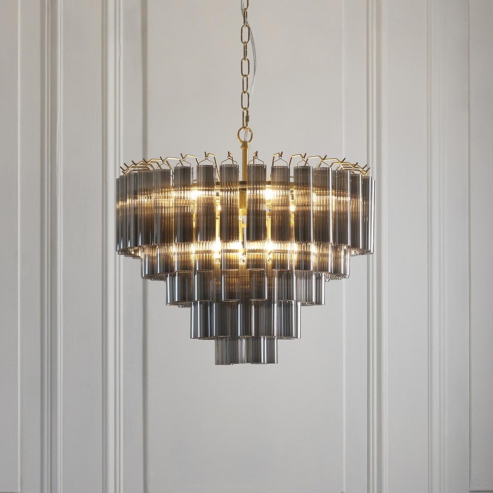 Endon - Toulouse 12lt Tiered Tubular Glass Chandelier with Ribbed Straight Clear Cylindrical Glass. - Luminosity Designs Ltd
