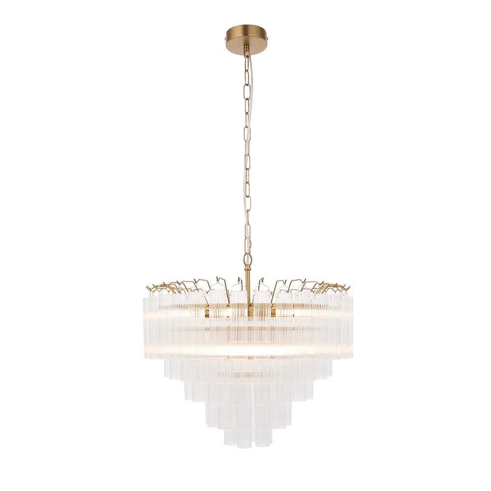 Endon - Toulouse 12lt Tiered Tubular Glass Chandelier with Ribbed Straight Clear Cylindrical Glass. - Luminosity Designs Ltd