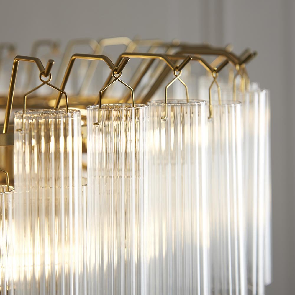Endon - Toulouse 12lt Tiered Tubular Glass Chandelier with Ribbed Straight Clear Cylindrical Glass. - Luminosity Designs Ltd