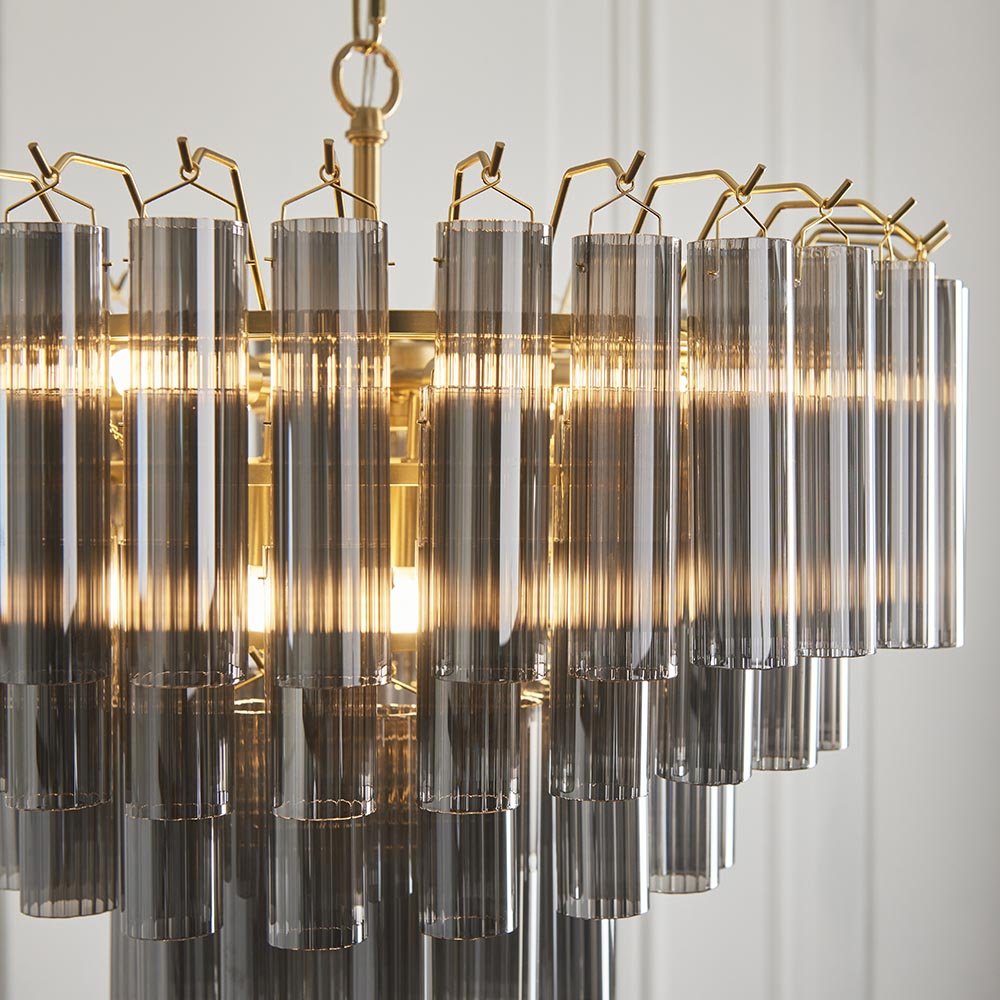 Endon - Toulouse 12lt Tiered Tubular Glass Chandelier with Ribbed Straight Clear Cylindrical Glass. - Luminosity Designs Ltd