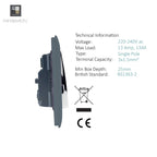 Trendiswitch - Trendi, Artistic Modern 1 Gang 13 Amp Long Switched Single Socket , BRITISH MADE, (25mm Back Box Required) - Luminosity Designs Ltd
