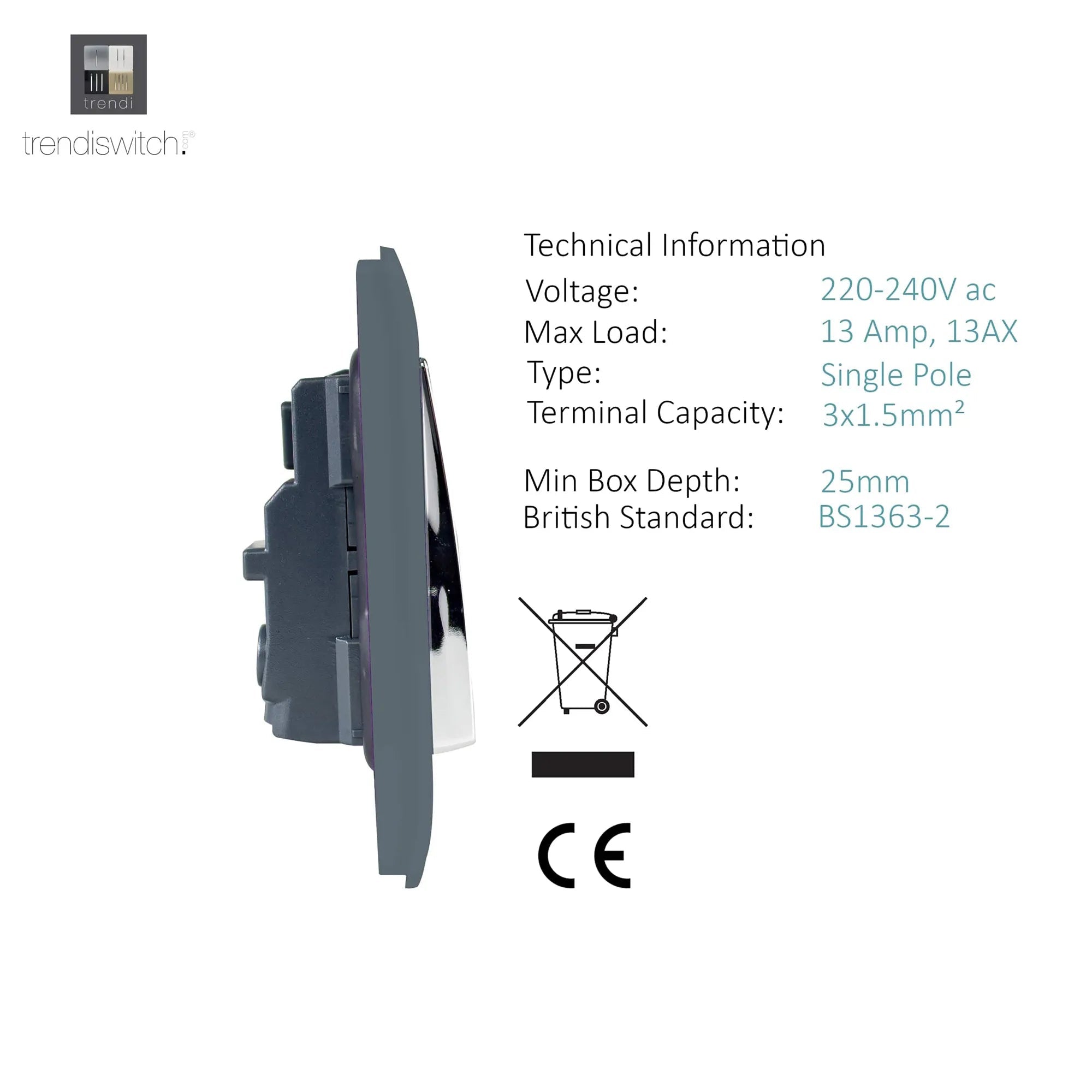 Trendiswitch - Trendi, Artistic Modern 1 Gang 13 Amp Long Switched Single Socket , BRITISH MADE, (25mm Back Box Required) - Luminosity Designs Ltd