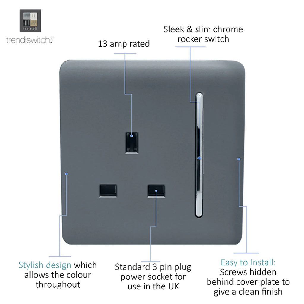 Trendiswitch - Trendi, Artistic Modern 1 Gang 13 Amp Long Switched Single Socket , BRITISH MADE, (25mm Back Box Required) - Luminosity Designs Ltd