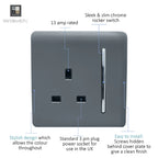 Trendiswitch - Trendi, Artistic Modern 1 Gang 13 Amp Long Switched Single Socket , BRITISH MADE, (25mm Back Box Required) - Luminosity Designs Ltd