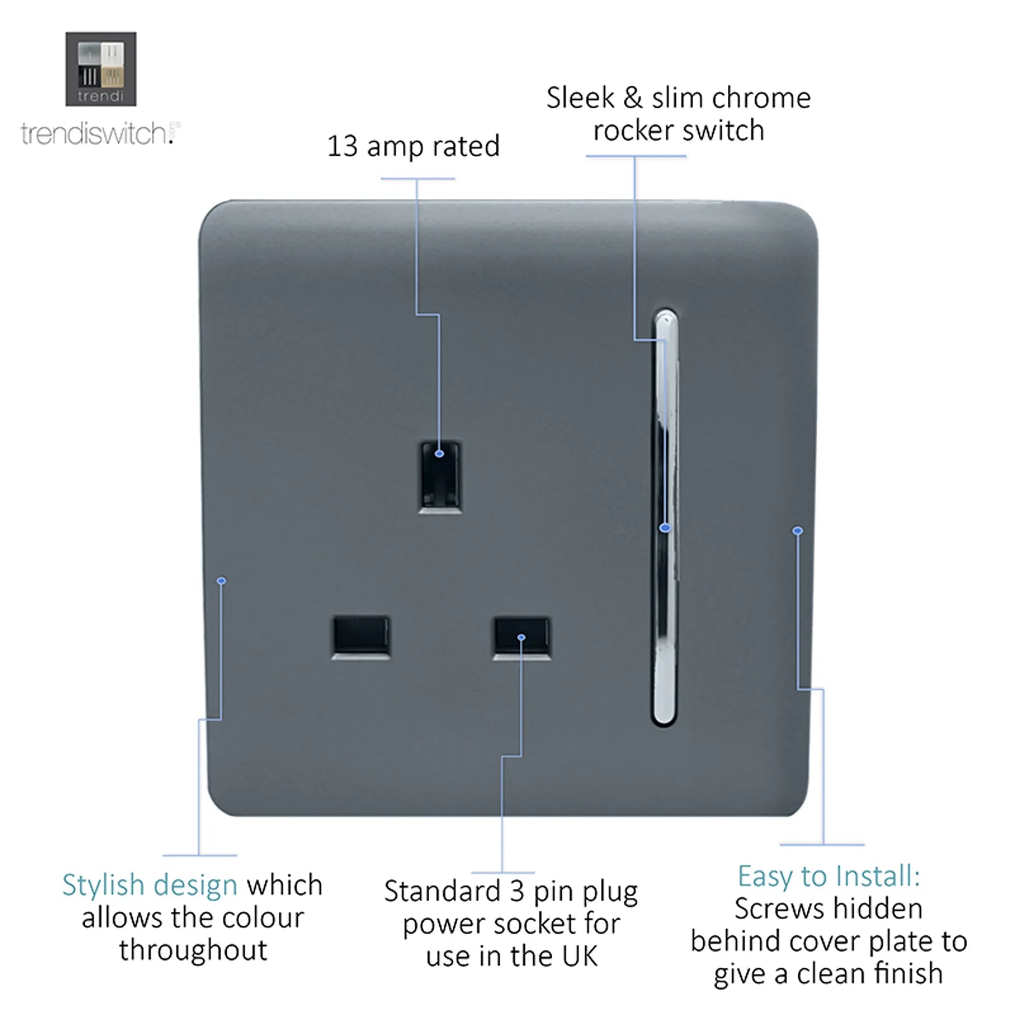 Trendiswitch - Trendi, Artistic Modern 1 Gang 13 Amp Long Switched Single Socket , BRITISH MADE, (25mm Back Box Required) - Luminosity Designs Ltd