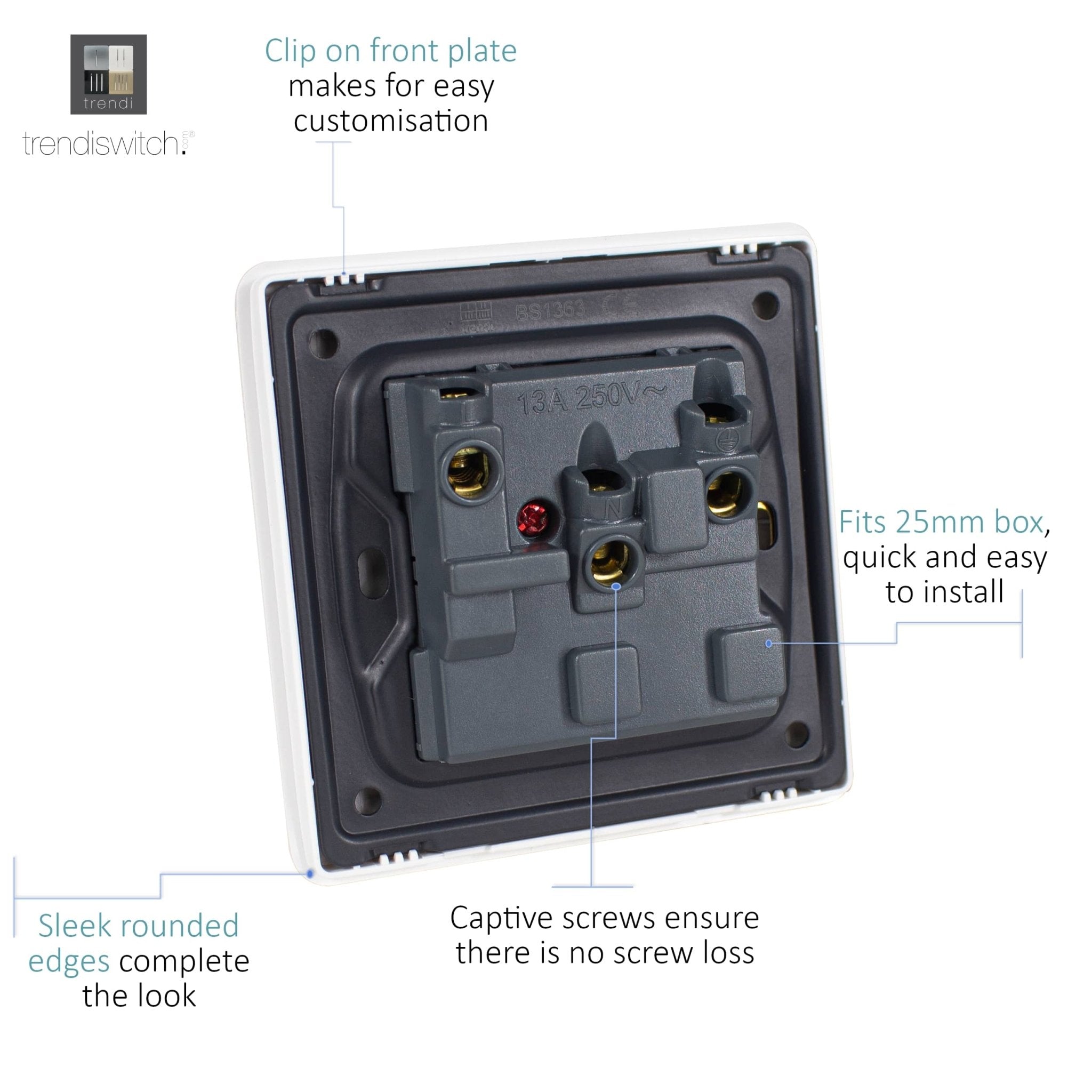 Trendiswitch - Trendi, Artistic Modern 1 Gang 13 Amp Long Switched Single Socket , BRITISH MADE, (25mm Back Box Required) - Luminosity Designs Ltd