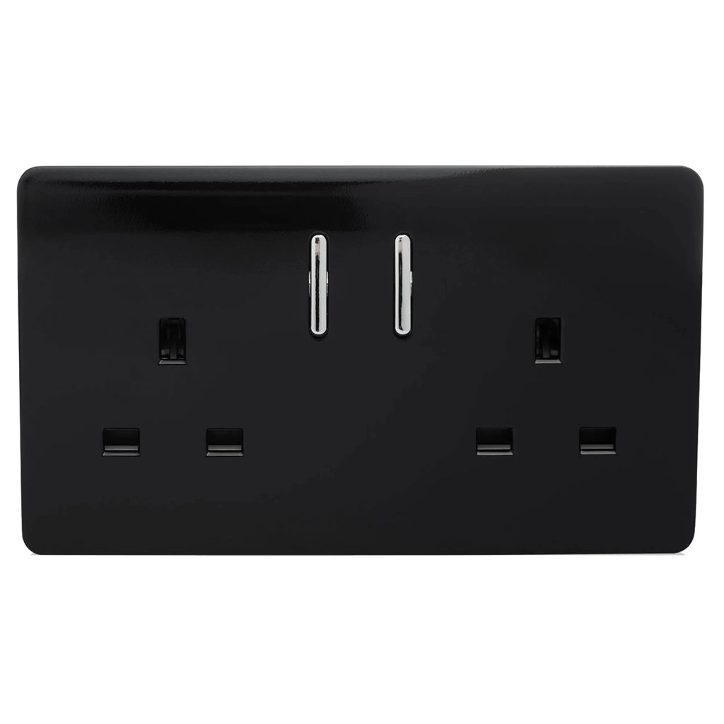 Trendiswitch - Trendi, Artistic Modern 2 Gang 13Amp Short Switched Double Socket Gloss Black Finish, BRITISH MADE, (25mm Back Box Required - Luminosity Designs Ltd