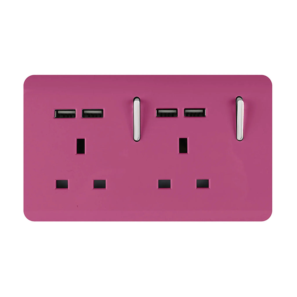 Trendiswitch - Trendi, Artistic Modern 2 Gang 13Amp Switched Double Socket With 4X 2.1Mah USB , BRITISH MADE, (45mm Back Box Required, ART - SKT213USB) - Luminosity Designs Ltd