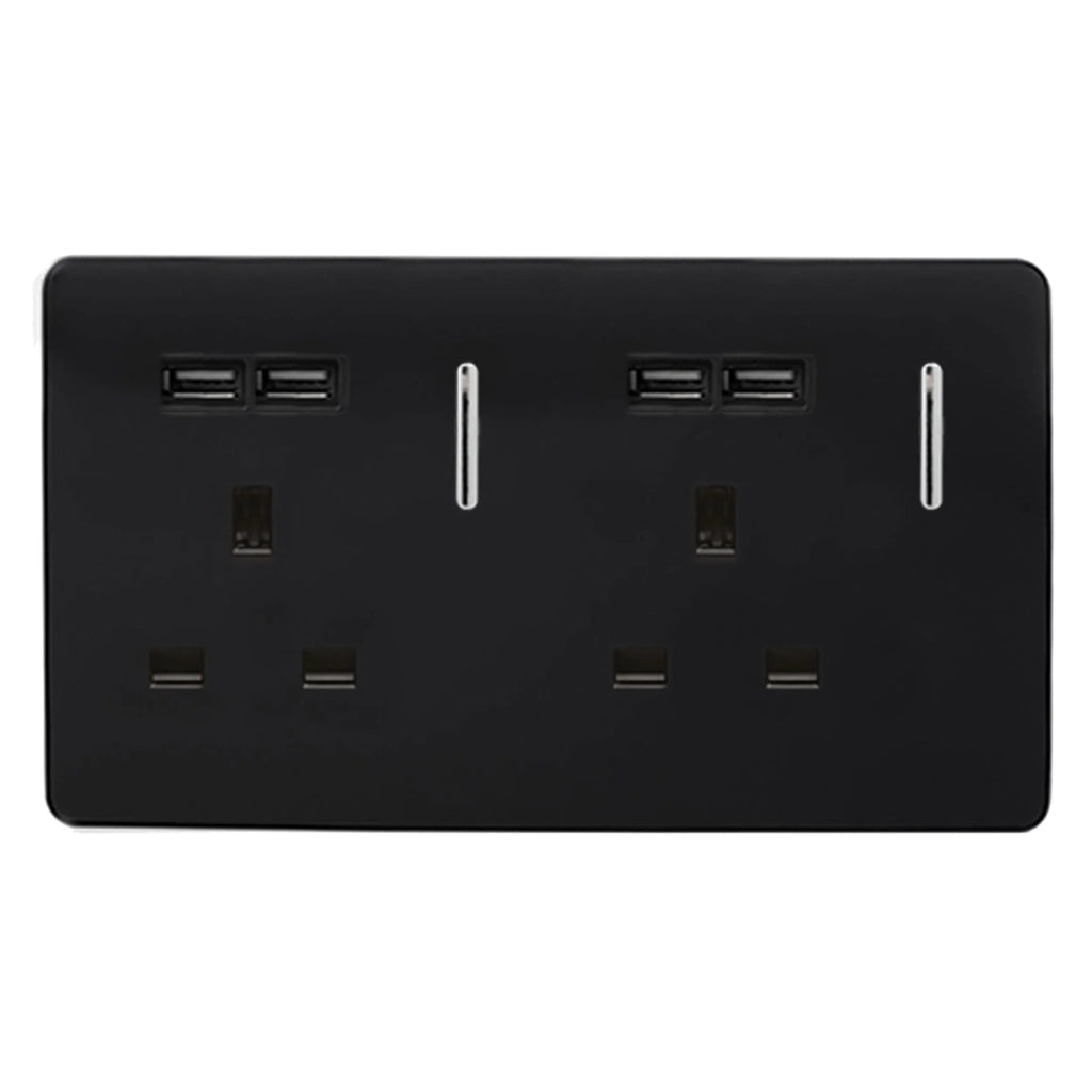 Trendiswitch - Trendi, Artistic Modern 2 Gang 13Amp Switched Double Socket With 4X 2.1Mah USB , BRITISH MADE, (45mm Back Box Required, ART - SKT213USB) - Luminosity Designs Ltd