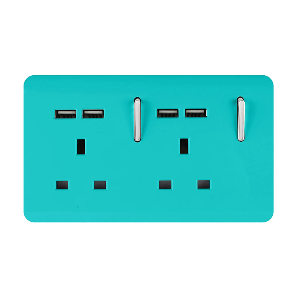 Trendiswitch - Trendi, Artistic Modern 2 Gang 13Amp Switched Double Socket With 4X 2.1Mah USB , BRITISH MADE, (45mm Back Box Required, ART - SKT213USB) - Luminosity Designs Ltd