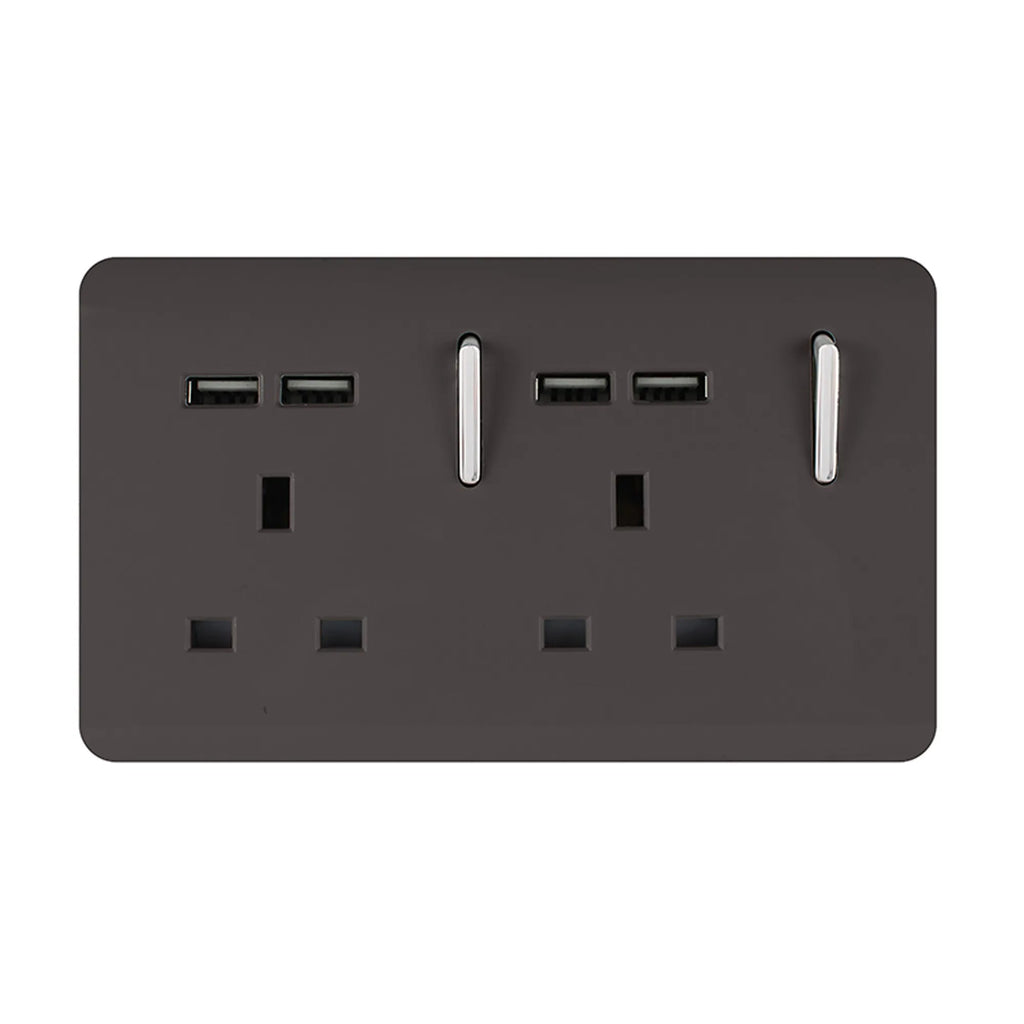 Trendiswitch - Trendi, Artistic Modern 2 Gang 13Amp Switched Double Socket With 4X 2.1Mah USB , BRITISH MADE, (45mm Back Box Required, ART - SKT213USB) - Luminosity Designs Ltd