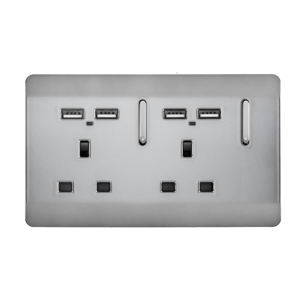 Trendiswitch - Trendi, Artistic Modern 2 Gang 13Amp Switched Double Socket With 4X 2.1Mah USB , BRITISH MADE, (45mm Back Box Required, ART - SKT213USB) - Luminosity Designs Ltd