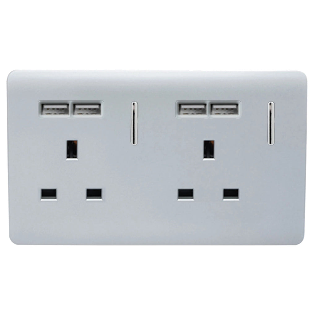 Trendiswitch - Trendi, Artistic Modern 2 Gang 13Amp Switched Double Socket With 4X 2.1Mah USB , BRITISH MADE, (45mm Back Box Required, ART - SKT213USB) - Luminosity Designs Ltd