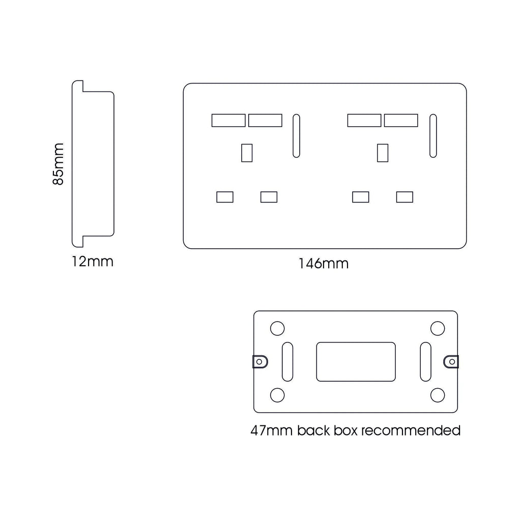 Trendiswitch - Trendi, Artistic Modern 2 Gang 13Amp Switched Double Socket With 4X 2.1Mah USB , BRITISH MADE, (45mm Back Box Required, ART - SKT213USB) - Luminosity Designs Ltd