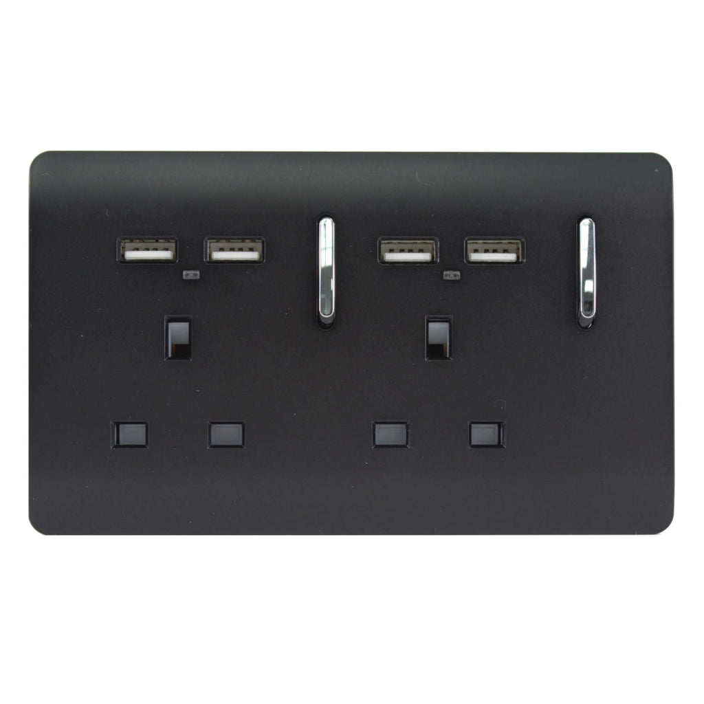 Trendiswitch - Trendi, Artistic Modern 2 Gang 13Amp Switched Double Socket With 4X 2.1Mah USB , BRITISH MADE, (45mm Back Box Required, ART - SKT213USB) - Luminosity Designs Ltd
