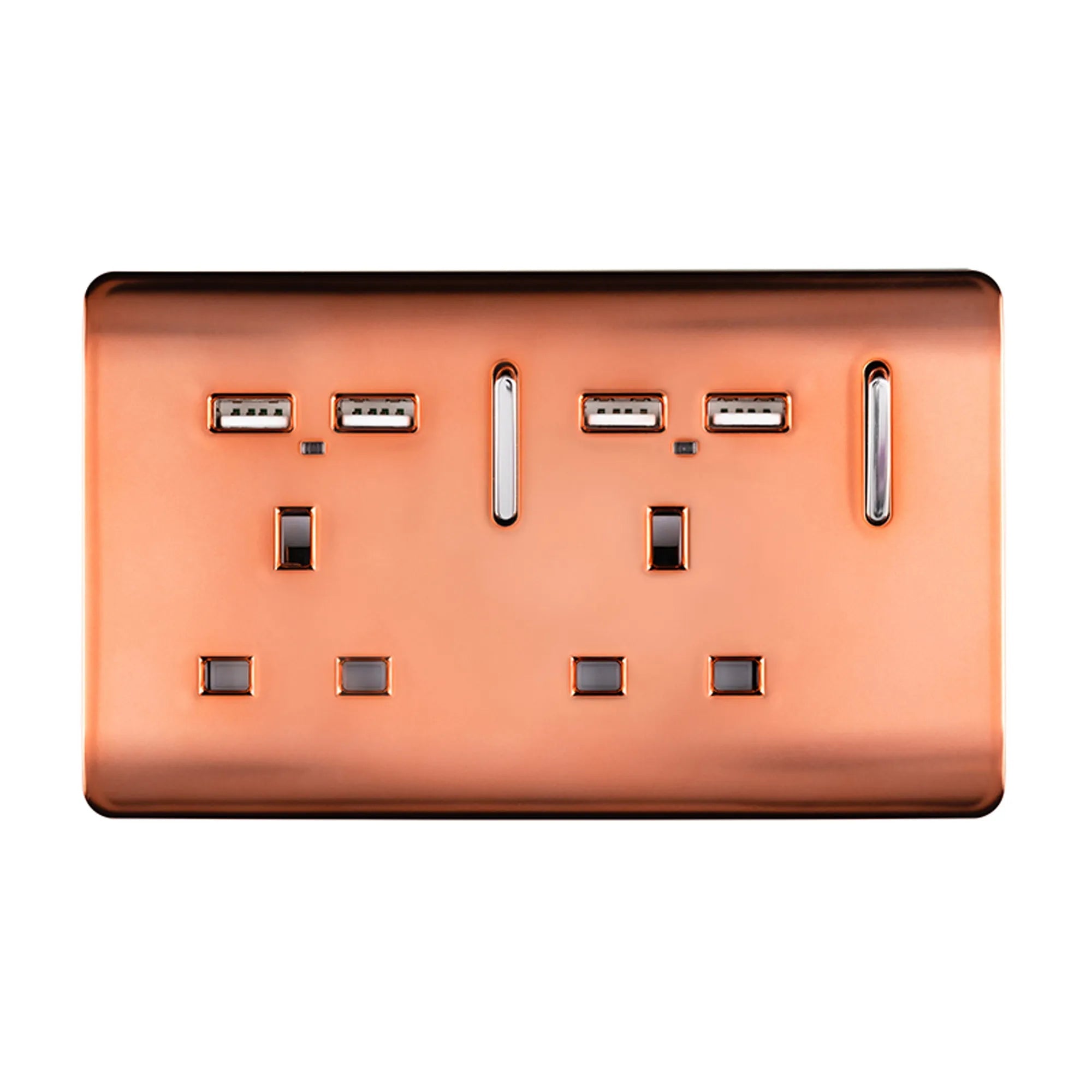 Trendiswitch - Trendi, Artistic Modern 2 Gang 13Amp Switched Double Socket With 4X 2.1Mah USB , BRITISH MADE, (45mm Back Box Required, ART - SKT213USB) - Luminosity Designs Ltd