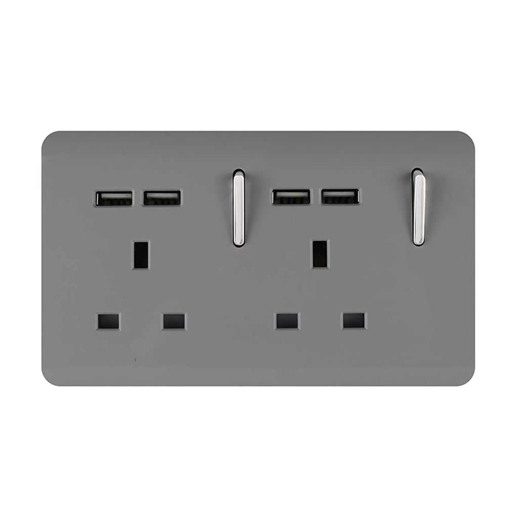 Trendiswitch - Trendi, Artistic Modern 2 Gang 13Amp Switched Double Socket With 4X 2.1Mah USB , BRITISH MADE, (45mm Back Box Required, ART - SKT213USB) - Luminosity Designs Ltd