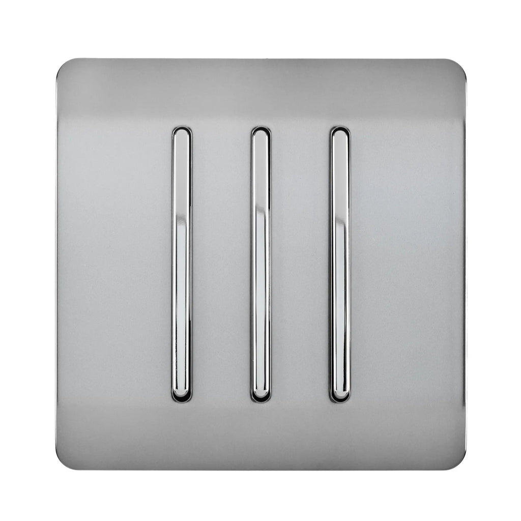 Trendiswitch - Trendi, Artistic Modern 3 Gang 2 Way 10 Amp Rocker Light Switch, BRITISH MADE, (25mm Back Box Required) - Luminosity Designs Ltd