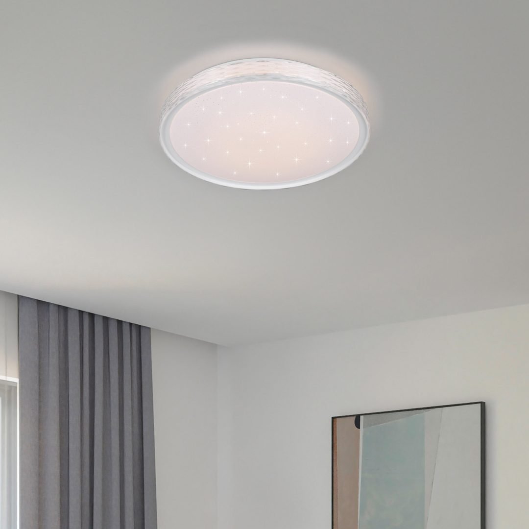 RL - Varda Dimmable Sparkle Flush Ceiling Light with Crystal Effect Edge - Remote Control and Timer Function - Luminosity Designs Ltd
