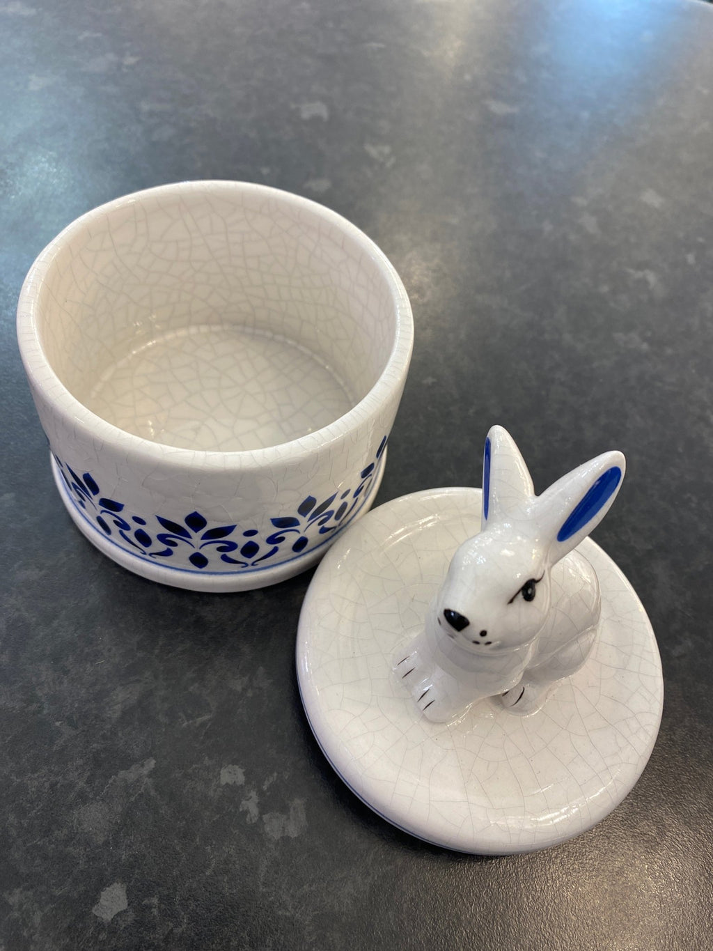 Luminosity Designs - White Glazed Rabbit Trinket Box with Blue Painted Details - Luminosity Designs Ltd