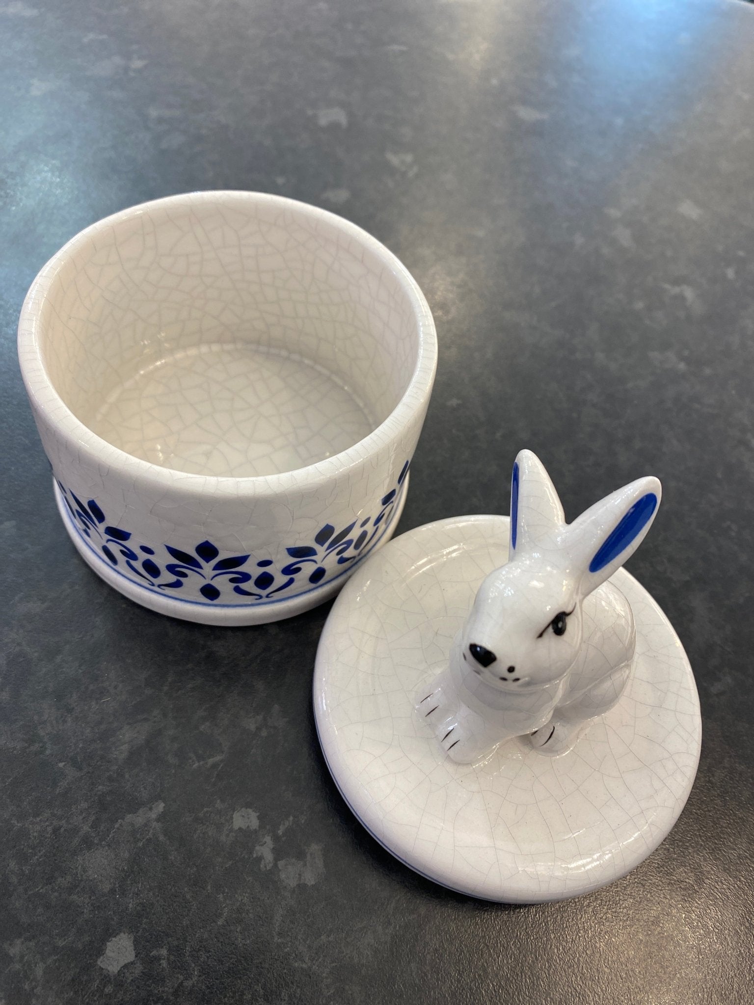 Luminosity Designs - White Glazed Rabbit Trinket Box with Blue Painted Details - Luminosity Designs Ltd