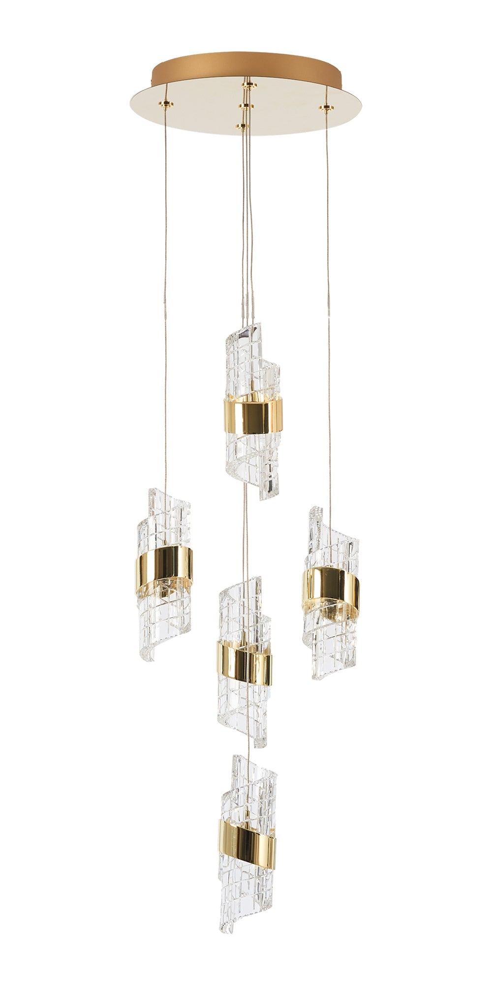 Gold Zanthus LED Circular Multi Pendant with Acrylic Swirls and Metal Detailing (Oaks 8022/5 SP ) - Luminosity Designs Ltd