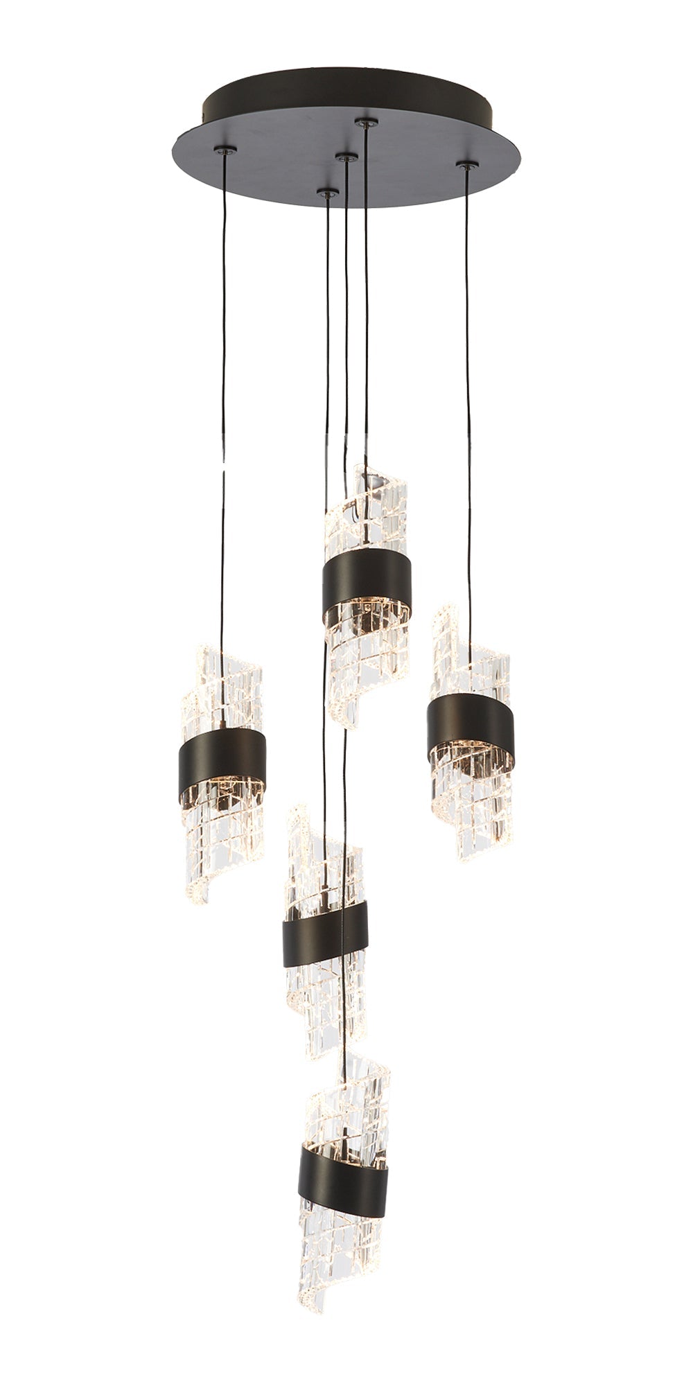 Black Zanthus LED Circular Multi Pendant with Acrylic Swirls and Metal Detailing (Oaks 8022/5 SP ) - Luminosity Designs Ltd