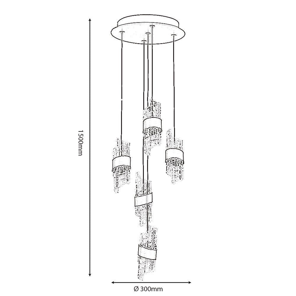 Specification Diagram of Zanthus LED Circular Multi Pendant with Acrylic Swirls and Metal Detailing (Oaks 8022/5 SP )