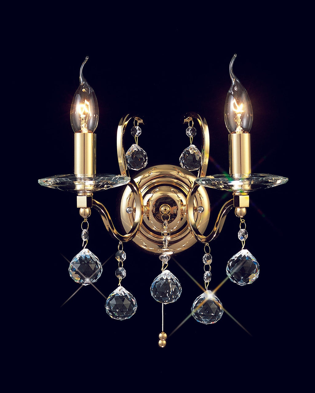 Diyas - Zinta Wall Lamp Switched 2 Light E14 Switched with Hanging Crystal Droplets - Luminosity Designs Ltd